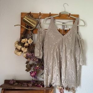 Tan Lace Cold Shoulder Top